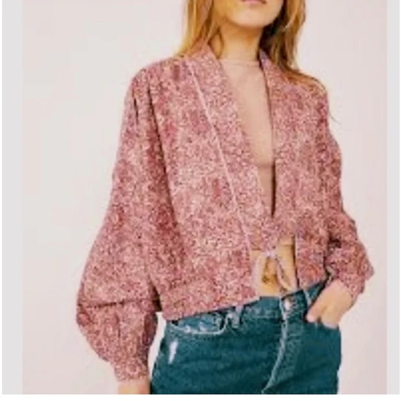 Free People Rosalina Tie‎ Front Jacket Barbie Core Cropped Paisley Mocha Convo M - Picture 10 of 16